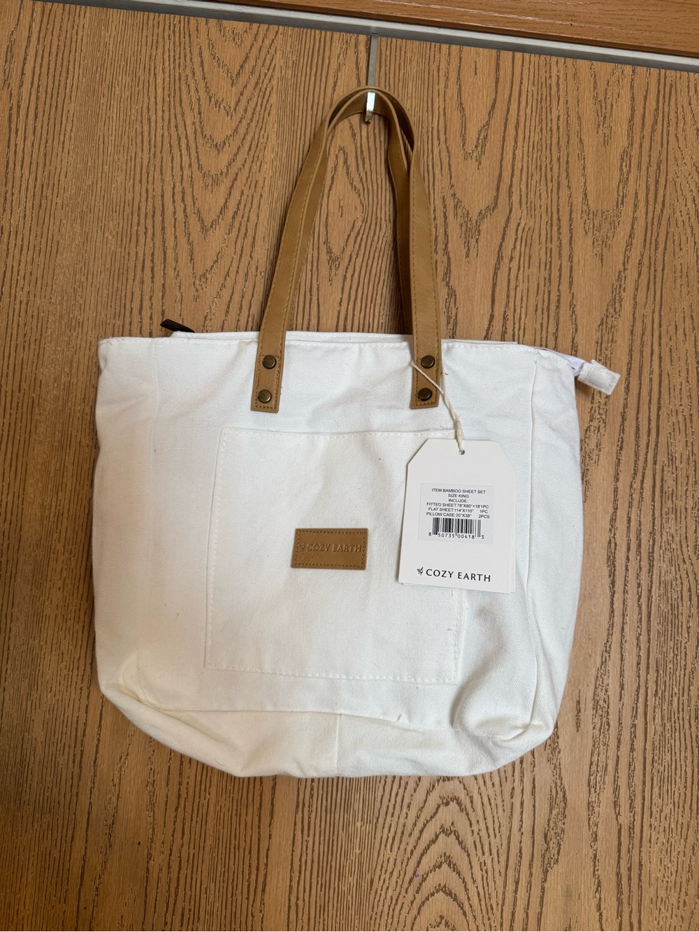 Cozy Earth White Canvas Tote with Tan Handles